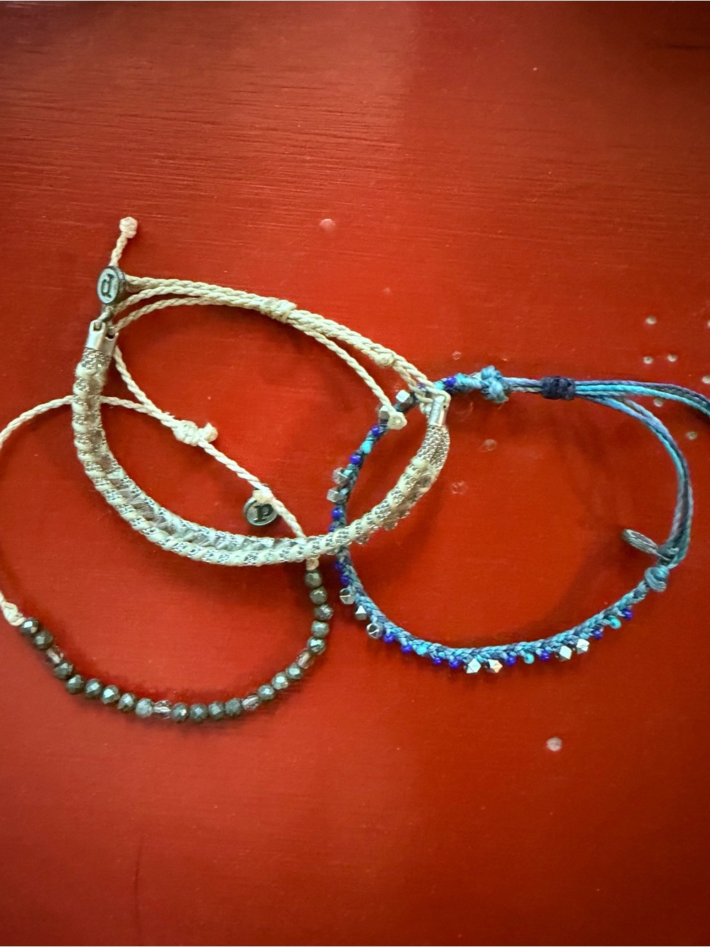 Set of Three pura vida Beaded & Braided Anklets/Bracelets - Natural Beige & Blue